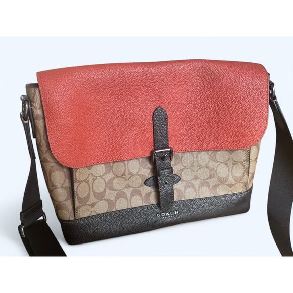 Coach Hudson Messenger Bag in Colorblock Terracotta Khaki Signature Leather - Picture 3 of 16
